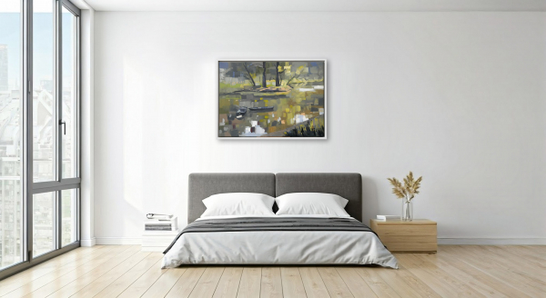 Die Boote: Ölmalerei von Frank Henning auf Leinwand, Pleinairmalerei die vor dem Motiv in Bonn Niederkassel entstanden ist. Das Bild zeigt in impressionistischer Malweise zwei Boote in der Sieg liegend, Botanik im Hintergrund.