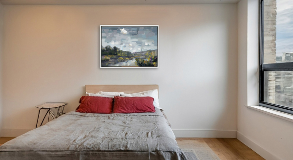 Hoppengarten: Ölmalerei von Frank Henning auf Leinwand, Pleinairmalerei die vor dem Motiv in Hoppengarten entstanden ist. Das Bild zeigt in impressionistischer Malweise die Sieg, Botanik im Vor- und Hintergrund. Einige Kanadagänse sitzen auf einer Insel in der Sieg.