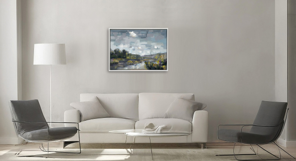 Hoppengarten: Ölmalerei von Frank Henning auf Leinwand, Pleinairmalerei die vor dem Motiv in Hoppengarten entstanden ist. Das Bild zeigt in impressionistischer Malweise die Sieg, Botanik im Vor- und Hintergrund. Einige Kanadagänse sitzen auf einer Insel in der Sieg.