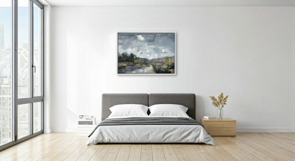 Hoppengarten: Ölmalerei von Frank Henning auf Leinwand, Pleinairmalerei die vor dem Motiv in Hoppengarten entstanden ist. Das Bild zeigt in impressionistischer Malweise die Sieg, Botanik im Vor- und Hintergrund. Einige Kanadagänse sitzen auf einer Insel in der Sieg.