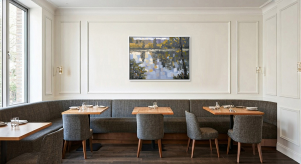 Irgendwo: Ölmalerei von Frank Henning auf Leinwand, Pleinairmalerei die vor dem Motiv entstanden ist. Das Bild zeigt in impressionistischer Malweise die Sieg, Botanik im Vor- und Hintergrund.