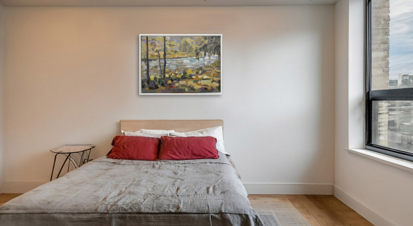 Herchen: Ölmalerei von Frank Henning auf Leinwand, Pleinairmalerei die vor dem Motiv in Herchen entstanden ist. Das Bild zeigt in impressionistischer Malweise die Sieg, Botanik im Vor- und Hintergrund.