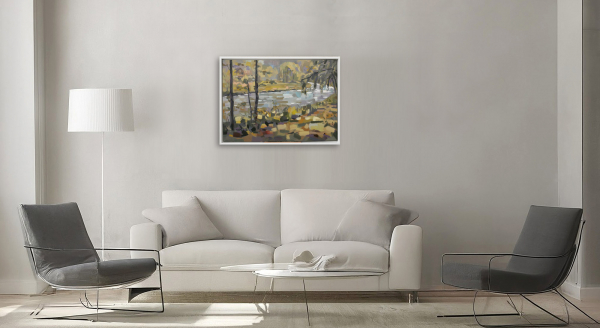 Herchen: Ölmalerei von Frank Henning auf Leinwand, Pleinairmalerei die vor dem Motiv in Herchen entstanden ist. Das Bild zeigt in impressionistischer Malweise die Sieg, Botanik im Vor- und Hintergrund.