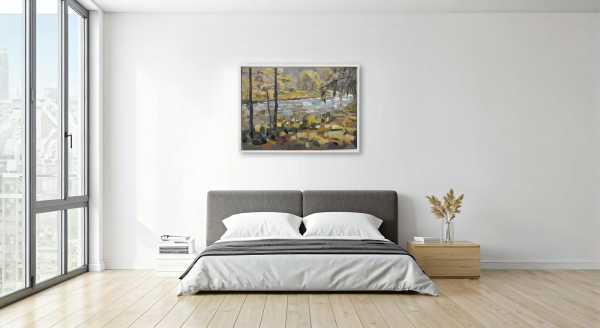 Herchen: Ölmalerei von Frank Henning auf Leinwand, Pleinairmalerei die vor dem Motiv in Herchen entstanden ist. Das Bild zeigt in impressionistischer Malweise die Sieg, Botanik im Vor- und Hintergrund.
