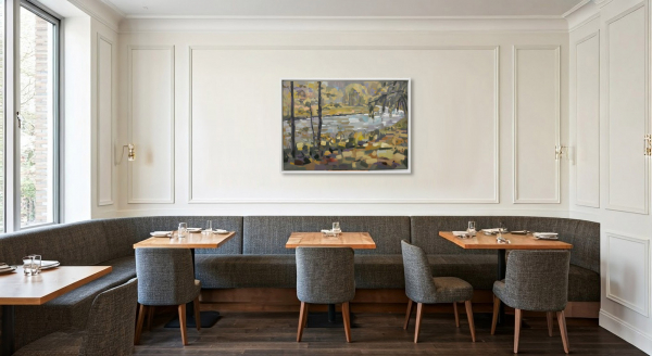 Herchen: Ölmalerei von Frank Henning auf Leinwand, Pleinairmalerei die vor dem Motiv in Herchen entstanden ist. Das Bild zeigt in impressionistischer Malweise die Sieg, Botanik im Vor- und Hintergrund.