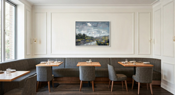 Hoppengarten: Ölmalerei von Frank Henning auf Leinwand, Pleinairmalerei die vor dem Motiv in Hoppengarten entstanden ist. Das Bild zeigt in impressionistischer Malweise die Sieg, Botanik im Vor- und Hintergrund. Einige Kanadagänse sitzen auf einer Insel in der Sieg.