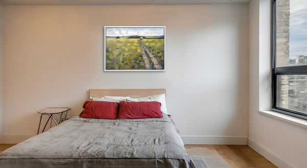 Landschaft in Oberberg: Ölmalerei von Frank Henning auf Leinwand, Pleinairmalerei die vor dem Motiv in Oberberg entstanden ist. Das Bild zeigt in impressionistischer Malweise die oberbergische Landschaft, grüne Weiden und attraktive Wanderwege.