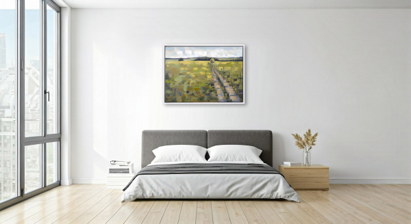 Landschaft in Oberberg: Ölmalerei von Frank Henning auf Leinwand, Pleinairmalerei die vor dem Motiv in Oberberg entstanden ist. Das Bild zeigt in impressionistischer Malweise die oberbergische Landschaft, grüne Weiden und attraktive Wanderwege.