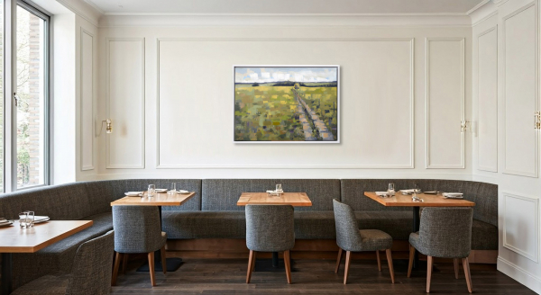 Landschaft in Oberberg: Ölmalerei von Frank Henning auf Leinwand, Pleinairmalerei die vor dem Motiv in Oberberg entstanden ist. Das Bild zeigt in impressionistischer Malweise die oberbergische Landschaft, grüne Weiden und attraktive Wanderwege.