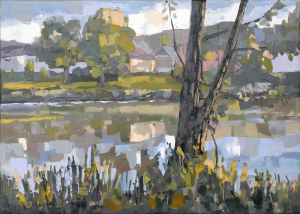 Herchen 2: Ölmalerei von Frank Henning auf Leinwand, Pleinairmalerei die vor dem Motiv in Herchen entstanden ist. Das Bild zeigt in impressionistischer Malweise die Sieg, Botanik im Vor- und Hintergrund.