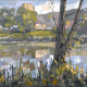 Herchen 2: Ölmalerei von Frank Henning auf Leinwand, Pleinairmalerei die vor dem Motiv in Herchen entstanden ist. Das Bild zeigt in impressionistischer Malweise die Sieg, Botanik im Vor- und Hintergrund.