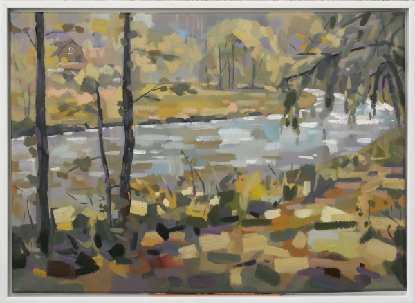 Herchen: Ölmalerei von Frank Henning auf Leinwand, Pleinairmalerei die vor dem Motiv in Herchen entstanden ist. Das Bild zeigt in impressionistischer Malweise die Sieg, Botanik im Vor- und Hintergrund.
