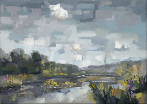 Hoppengarten: Ölmalerei von Frank Henning auf Leinwand, Pleinairmalerei die vor dem Motiv in Hoppengarten entstanden ist. Das Bild zeigt in impressionistischer Malweise die Sieg, Botanik im Vor- und Hintergrund. Einige Kanadagänse sitzen auf einer Insel in der Sieg.