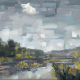 Hoppengarten: Ölmalerei von Frank Henning auf Leinwand, Pleinairmalerei die vor dem Motiv in Hoppengarten entstanden ist. Das Bild zeigt in impressionistischer Malweise die Sieg, Botanik im Vor- und Hintergrund. Einige Kanadagänse sitzen auf einer Insel in der Sieg.