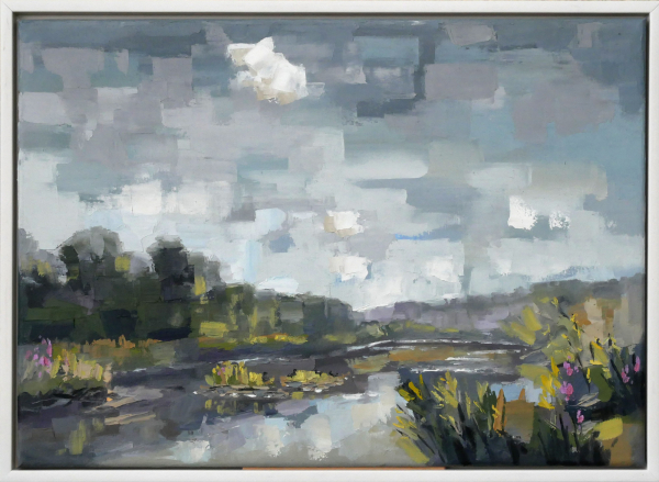 Hoppengarten: Ölmalerei von Frank Henning auf Leinwand, Pleinairmalerei die vor dem Motiv in Hoppengarten entstanden ist. Das Bild zeigt in impressionistischer Malweise die Sieg, Botanik im Vor- und Hintergrund. Einige Kanadagänse sitzen auf einer Insel in der Sieg.