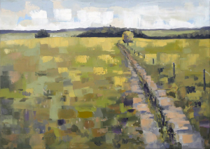 Landschaft in Oberberg: Ölmalerei von Frank Henning auf Leinwand, Pleinairmalerei die vor dem Motiv in Oberberg entstanden ist. Das Bild zeigt in impressionistischer Malweise die oberbergische Landschaft, grüne Weiden und attraktive Wanderwege.