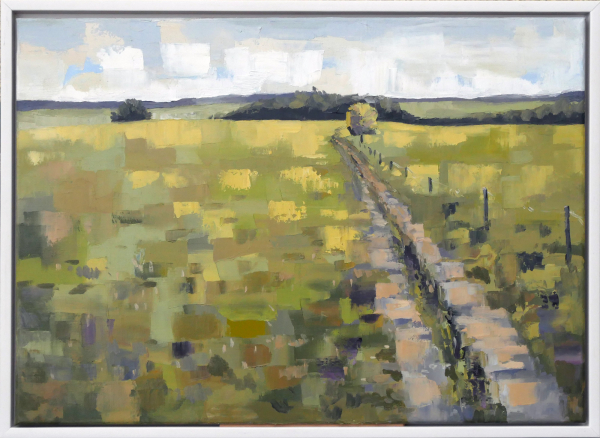Landschaft in Oberberg: Ölmalerei von Frank Henning auf Leinwand, Pleinairmalerei die vor dem Motiv in Oberberg entstanden ist. Das Bild zeigt in impressionistischer Malweise die oberbergische Landschaft, grüne Weiden und attraktive Wanderwege.