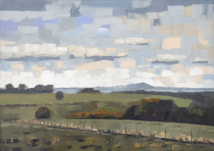 Vor dem Regen: Ölmalerei von Frank Henning auf Leinwand, Pleinairmalerei die vor dem Motiv entstanden ist. Das Bild zeigt in impressionistischer Malweise die Landschaft mit dem Siebengebirgs-Panorama im Hintergrund.