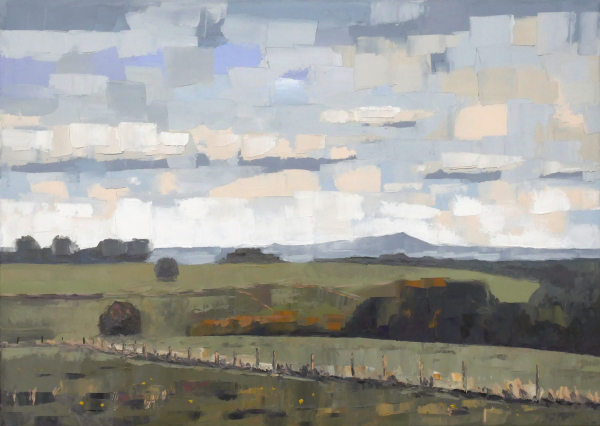 Vor dem Regen: Ölmalerei von Frank Henning auf Leinwand, Pleinairmalerei die vor dem Motiv entstanden ist. Das Bild zeigt in impressionistischer Malweise die Landschaft mit dem Siebengebirgs-Panorama im Hintergrund.