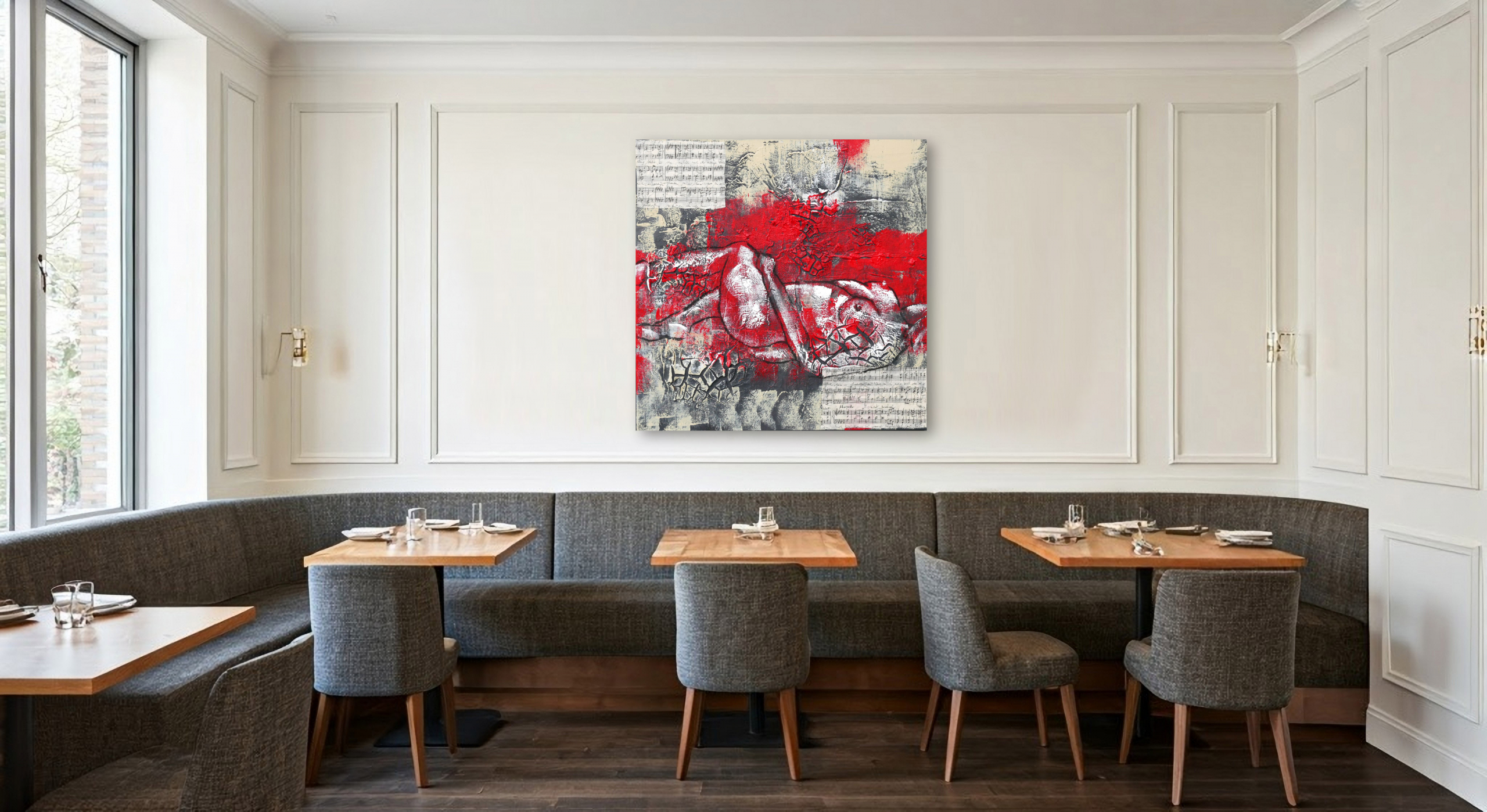 Akt #1 - 2025 Mixed-Media-Kollage von Frank Henning: Akt #1 - 2025, 60 x 60 x 4 cm, Kohle, Acryl, Schellack, Kahari-Papier auf Leinwand. Frank Henning lebt und arbeitet in Nümbrecht im Oberbergischen Kreis, unweit von Köln in NRW, Deutschland.