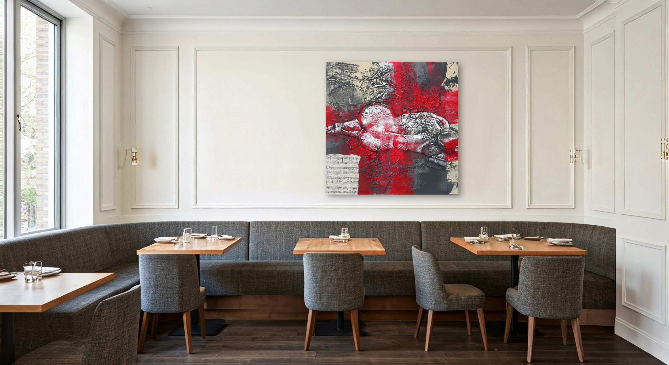 Akt #3 - 2025 Mixed-Media-Kollage von Frank Henning: Akt #3 - 2025, 60 x 60 x 4 cm, Kohle, Acryl, Schellack, Kahari-Papier auf Leinwand. Frank Henning lebt und arbeitet in Nümbrecht im Oberbergischen Kreis, unweit von Köln in NRW, Deutschland.