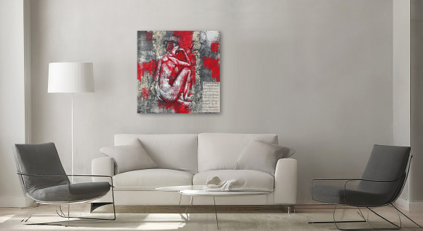 Mixed-Media-Kollage von Frank Henning: Akt #2 - 2025, 60 x 60 x 4 cm, Kohle, Acryl, Schellack, Kahari-Papier auf Leinwand. Frank Henning lebt und arbeitet in Nümbrecht im Oberbergischen Kreis, unweit von Köln in NRW, Deutschland.