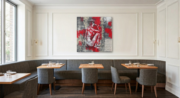 Mixed-Media-Kollage von Frank Henning: Akt #2 - 2025, 60 x 60 x 4 cm, Kohle, Acryl, Schellack, Kahari-Papier auf Leinwand. Frank Henning lebt und arbeitet in Nümbrecht im Oberbergischen Kreis, unweit von Köln in NRW, Deutschland.