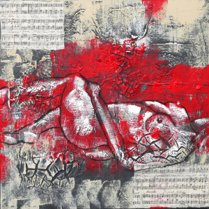 Mixed-Media-Kollage von Frank Henning: Akt #1 - 2025, 60 x 60 x 4 cm, Kohle, Acryl, Schellack, Kahari-Papier auf Leinwand. Frank Henning lebt und arbeitet in Nümbrecht im Oberbergischen Kreis, unweit von Köln in NRW, Deutschland.