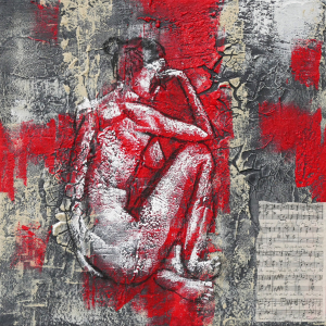 Mixed-Media-Kollage von Frank Henning: Akt #2 - 2025, 60 x 60 x 4 cm, Kohle, Acryl, Schellack, Kahari-Papier auf Leinwand. Frank Henning lebt und arbeitet in Nümbrecht im Oberbergischen Kreis, unweit von Köln in NRW, Deutschland.