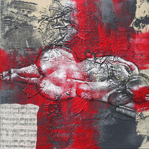 Mixed-Media-Kollage von Frank Henning: Akt #3 - 2025, 60 x 60 x 4 cm, Kohle, Acryl, Schellack, Kahari-Papier auf Leinwand. Frank Henning lebt und arbeitet in Nümbrecht im Oberbergischen Kreis, unweit von Köln in NRW, Deutschland.