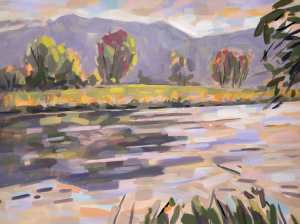 Oktober an der Sieg | 60 x 80 cm | 2022 | Acryl auf Leinwand: Pleinairmalerei bei Herchen an der Sieg von Frank Henning. Frank Henning lebt und arbeitet in Nümbrecht im Oberbergischen Kreis, unweit von Köln in NRW, Deutschland.