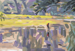 Im Fluss 2 | 90 x 130 cm | 2022 | Acryl auf Leinwand: Pleinairmalerei bei Herchen an der Sieg von Frank Henning. Frank Henning lebt und arbeitet in Nümbrecht im Oberbergischen Kreis, unweit von Köln in NRW, Deutschland.