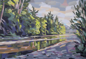 An der Sieg 18 | 90 x 130 cm | 2022 | Acryl auf Leinwand: Pleinairmalerei bei Herchen an der Sieg von Frank Henning. Frank Henning lebt und arbeitet in Nümbrecht im Oberbergischen Kreis, unweit von Köln in NRW, Deutschland.