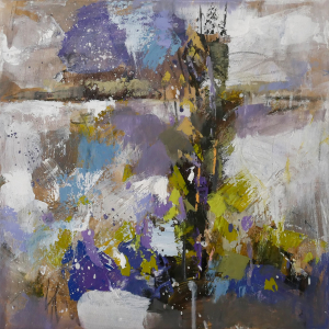 Sieg bei Eitorf 2 | 30 x 30 cm | 2020 | Acryl, Kohle und Schellack auf Leinwand: Pleinairmalerei an der Sieg von Frank Henning. Frank Henning lebt und arbeitet in Nümbrecht im Oberbergischen Kreis, unweit von Köln in NRW, Deutschland.