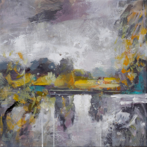 End of Summer 2 | 50 x 50 cm | 2020 | Acryl, Kohle und Schellack auf Leinwand: Pleinairmalerei an der Sieg von Frank Henning. Frank Henning lebt und arbeitet in Nümbrecht im Oberbergischen Kreis, unweit von Köln in NRW, Deutschland.