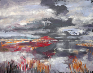 Seascape in red, anthracite and orange